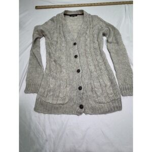 True Rock Cardigan Sweater Mediu Gray Cable Knit Slim Fit Pockets Unique Buttons